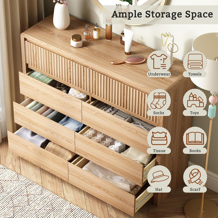 Oak Fluted 8 Drawer Dresser for Bedroom, Curved Edge, 50" Wide