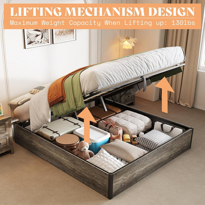 Lift up Storage Bed, Full Bed Frame with Storage Underneath, Wooden Platform Bed Frame, Solid Wood Slats Support, No Fixed Headboard, No Box Spring Needed, Rustic Grey