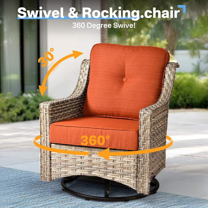 Outdoor 5 Pieces Coversation Set with 42" Fire Pit Table, Patio Furniture High Back Couch with Swivel Rocking Chair, Rattan Wicker 3-Seater Sofa for Porch Balcony Backyard,Orange
