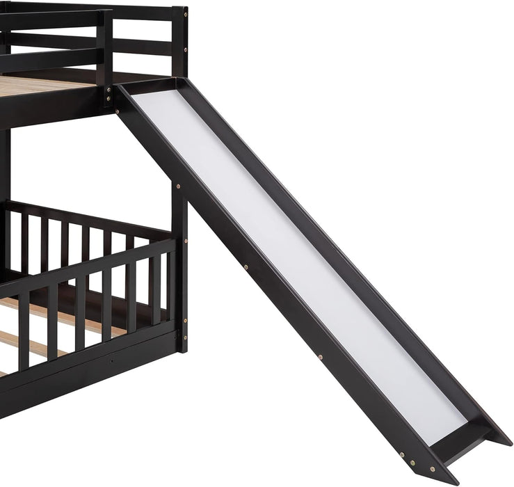 Twin over Twin Floor Bunk Bed with Slide and Ladder, Low Bunk Bed for Kids, Girls, Boys, Removable Fence, Bunk Bed with Slide, Espresso