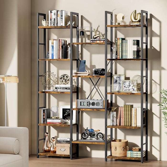 Triple Column 5 Tier Bookshelf, Industrial Large Bookcase Display Shelves, Large Etagere Bookshelf,Wide Book Shelf Book Case for Home & Office, Rustic Brown