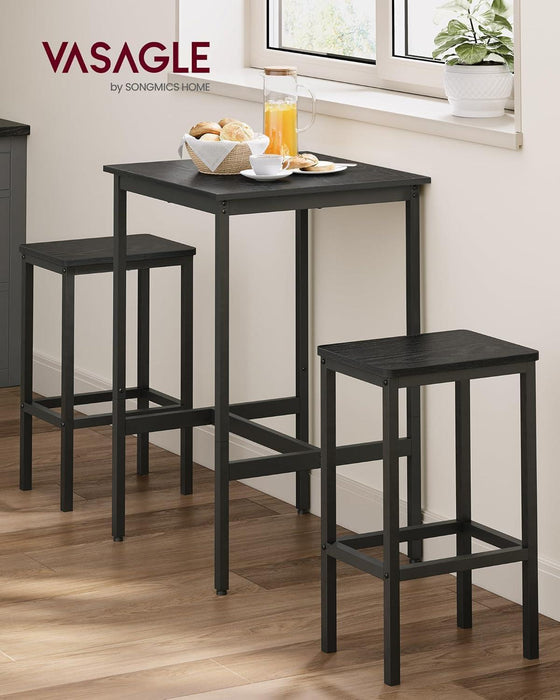 Bar Table and Chairs Set, Square Table with 2 Stools, Dining Pub Set for 2, Space Saving for Kitchen Breakfast, Living Room, Party Room, Ebony Black and Ink Black