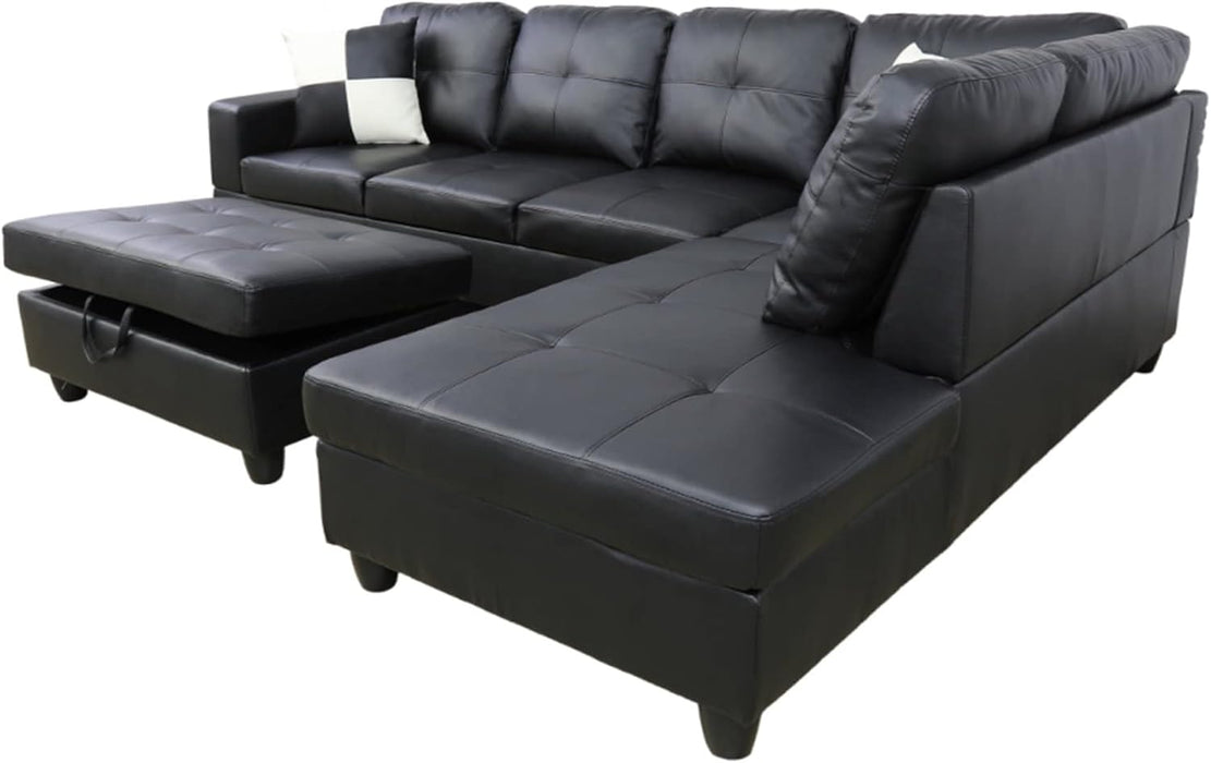 Sectional Sofa Faux Leather Modern L Shaped Couch Set 103.5”Wide Including Chaise and 3 Seating Sofa with Storage Ottoman for Living Room Furniture (Right Hand Facing, B-Black)