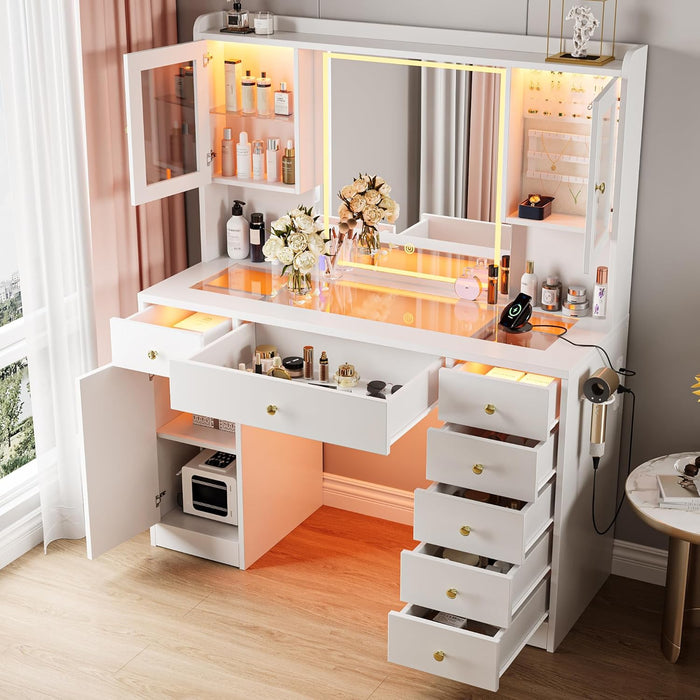 Makeup Vanity Desk with Mirror & LED Lights, Large Glass Top Vanity Table with 7 Drawers & 3 Cabinets, Modern Dressing Table with Charging Station & RGB Lights for Bedroom, White