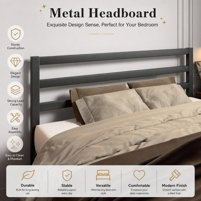 Full Size Metal Bed Frame with Headboard, Metal Slats, Black