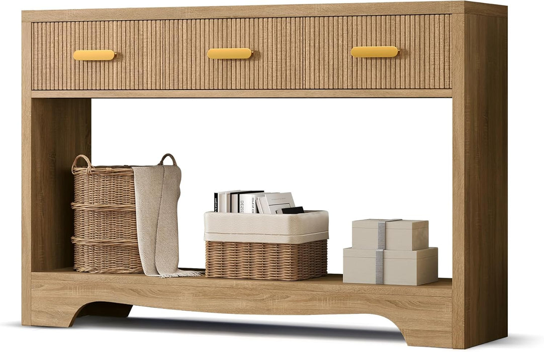 Fluted Console Table with Drawers, 47" Narrow Entryway Table with 3 Drawers and Open Storage Shelf, Long Sofa Tables Modern behind Couch Tables for Living Room, Foyer and Hallway