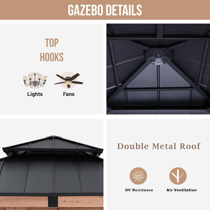 Wood Gazebo 11X11 - Outdoor Patio Wooden Gazebo with Hardtop Metal Double Roof for Garden, Backyard and Deck (Double Roof)