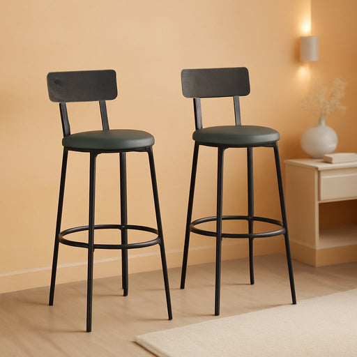 Bar Stools, Set of 2 PU Upholstered Breakfast Stools, 29.7-Inch Barstools with Back and Footrest, Simple Assembly, for Dining Room Kitchen Counter, Classic Black and Forest Green ULBC069C01