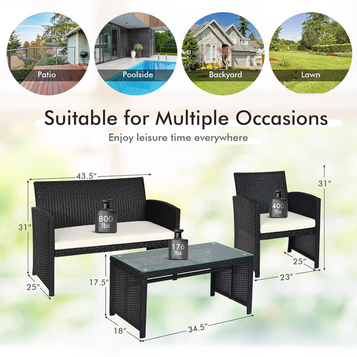 4-Piece Rattan Patio Furniture Set, Outdoor Wicker Conversation Sofa with Weather Resistant Cushions and Tempered Glass Tabletop for Lawn Backyard Pool Garden (White(Black Wicker))