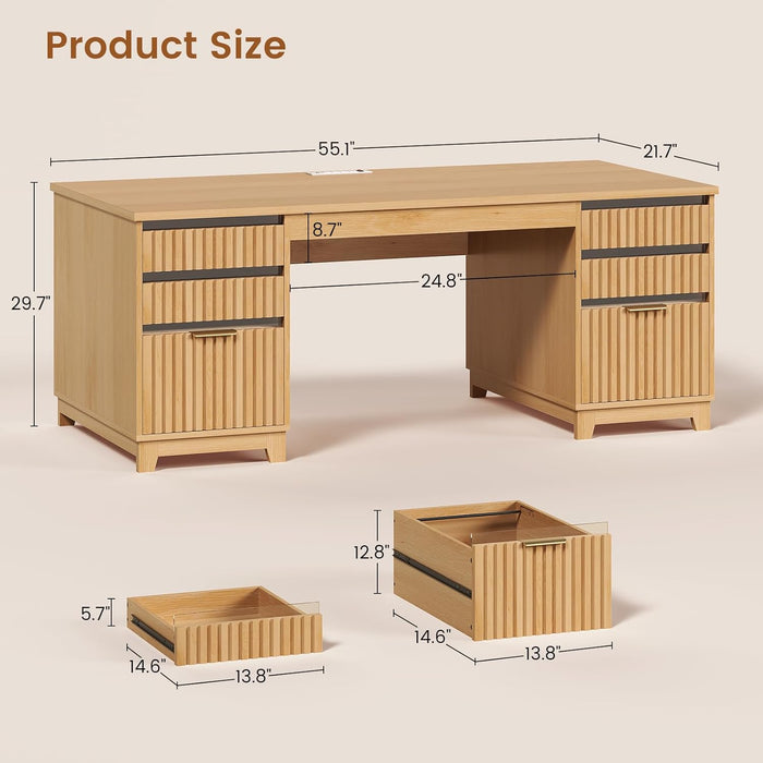 55.1" Fluted Office Desk with 6 Drawers, Modern Executive Desk with Acrylic File Drawers, Computer Desk with Power Outlets for Home Office and Study, Natrual