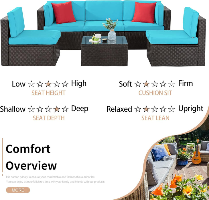 6 Pieces Patio Furniture Sets Outdoor All-Weather Sectional Patio Sofa Set PE Rattan Manual Weaving Wicker Patio Conversation Set with Glass Table & Ottoman Cushion and Red Pillows, Blue