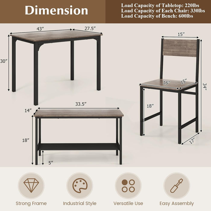 Dining Table Set for 4, Kitchen Table and 2 Chairs for 4 with Bench, 4 Piece Dining Table Set for Small Space, Apartment