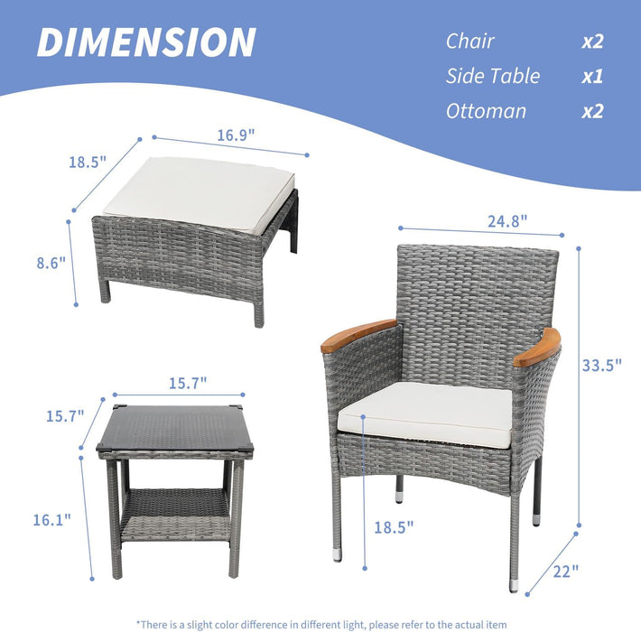 5 Piece Outdoor Patio Furniture Set with Table&Ottoman Outdoor Furniture Patio Set Bistro Wicker Patio Set of 2 outside Lawn Chairs Conversation Sets for Porch Balcony Deck(Gray Wicker&Beige Cushion)