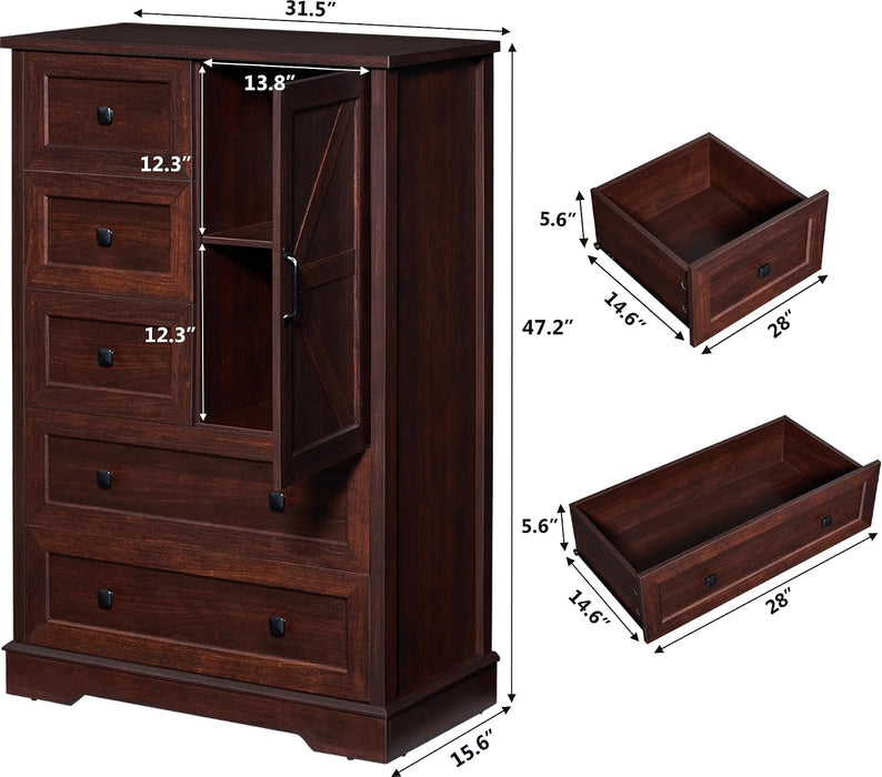 Farmhouse Dresser for Bedroom, Tall Chest of Drawers, Dark Cherry