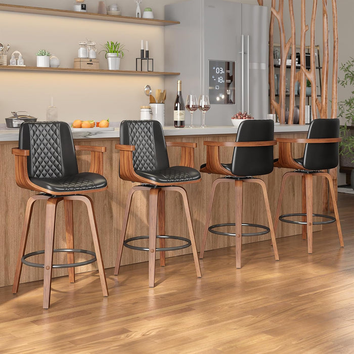 Swivel Bar Stools Set of 3, 26 Inch Bar Height Barstools with Arms and High Back, Upholstered PU Leather Counter Height Stools with Bentwood Wood Frame and Legs for Kitchen Island, Black