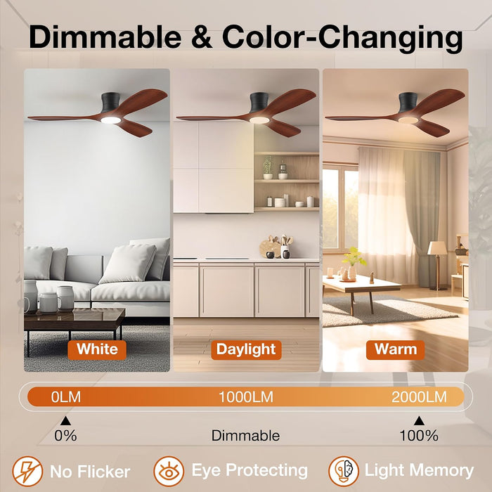 52 Inch Smart Low Profile Ceiling Fans with Lights Remote,Wood,Flush Mount