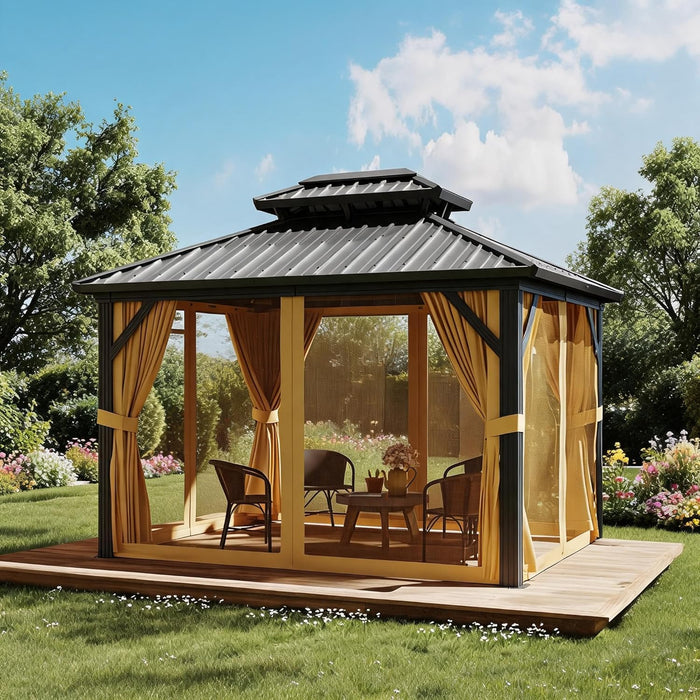 10X12 FT Hardtop Gazebo, Khaki Heavy Duty Aluminum Frame Patio Gazebo, Double Roof All-Weather Metal Canopy with Curtains and Netting for Patio, Garden, Poolside