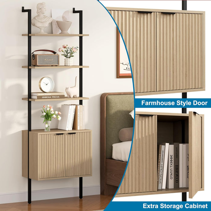 73" Tall Bookshelf with Cabinet, Industrial Ladder Wall Mount Shelf Bookcase with Wood and Metal Frame, Plant Shelf Wall Storage Display for Living Room Bedroom, Wavy Light Ivory