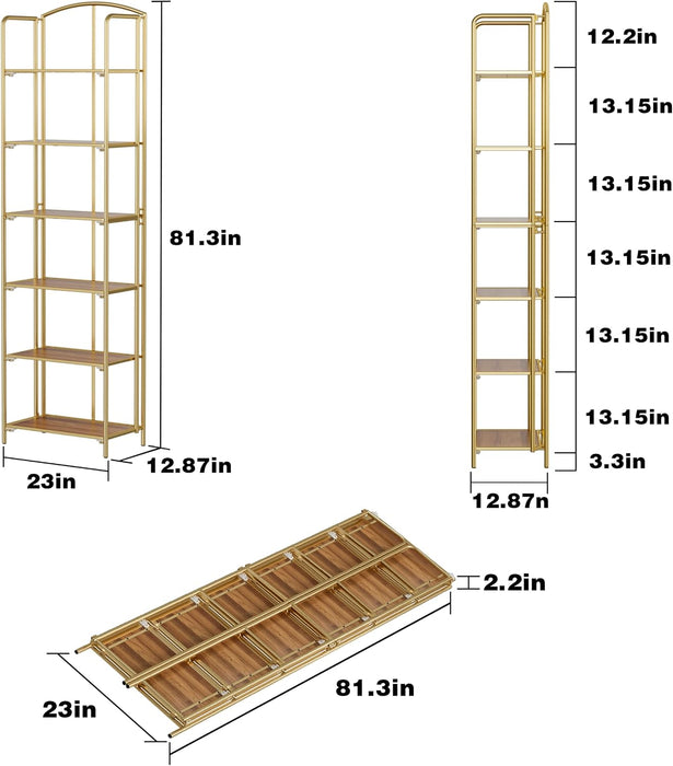6-Tier Foldable Bookshelf, Gold Frame & Walnut Shelves