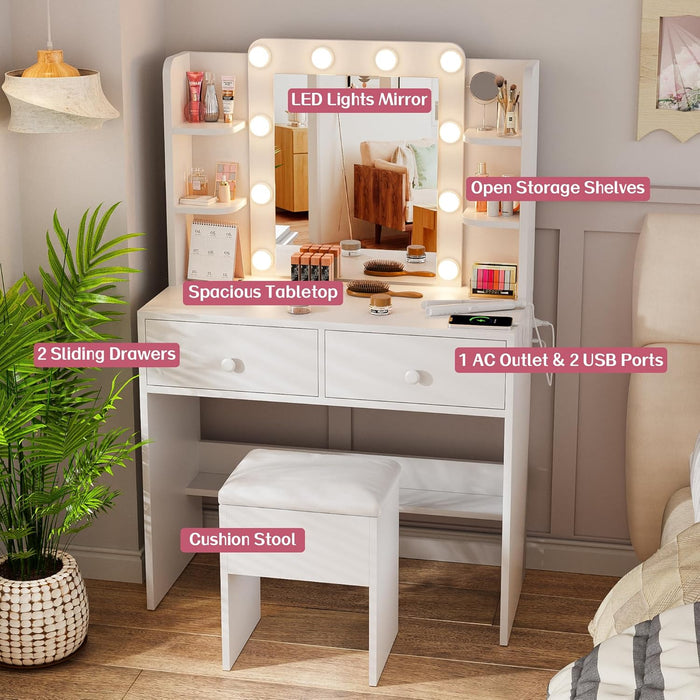Makeup Vanity Desk with Mirror, 10 LED Lights and Charging Station, White Vanity with Adjustable Lighting, Dressing Table Set with Storage Chair Drawers Shelves for Bedroom