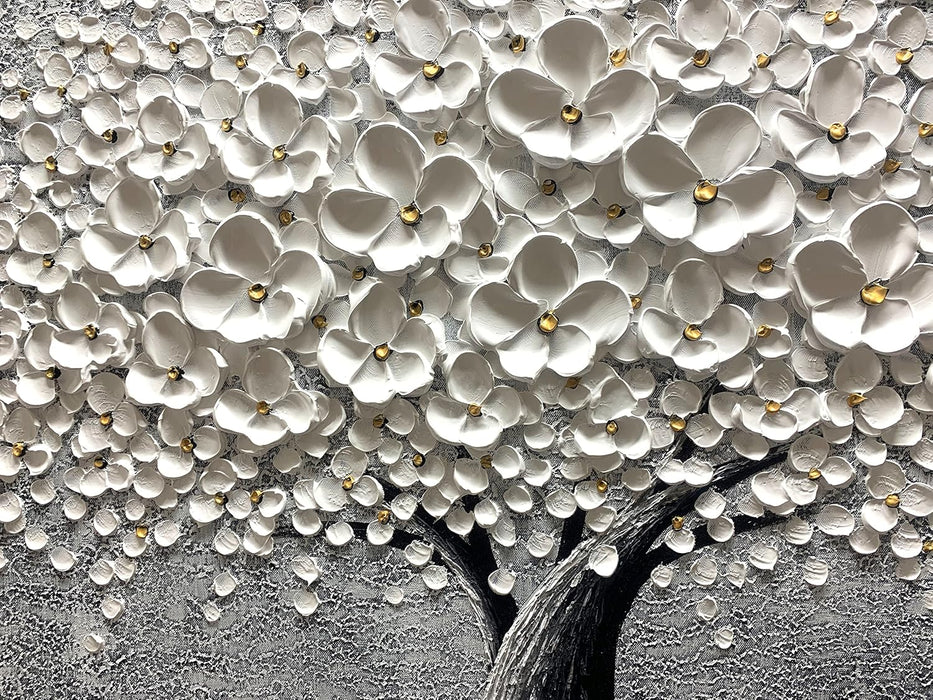 - 24X48 Inch 3D White Flower Painting Abstract Textured Knife Platte Acrylic on Canvas 3D Flowers Tree Painting Ready to Hang