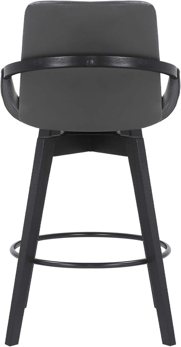 Baylor Mid Century Modern Swivel Bar Stool for Kitchen Island Counter in Gray Faux Leather and Black Wood, 26" Seat Height