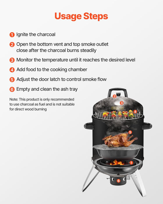 Charcoal Smoker, 16" Vertical Charcoal BBQ Grill, Coated Steel Barbecue Smoker with 2 Grilling Grates, Thermometer, Air Vents & Removable Ash Tray, Ideal for Backyard Patio Parties Cooking