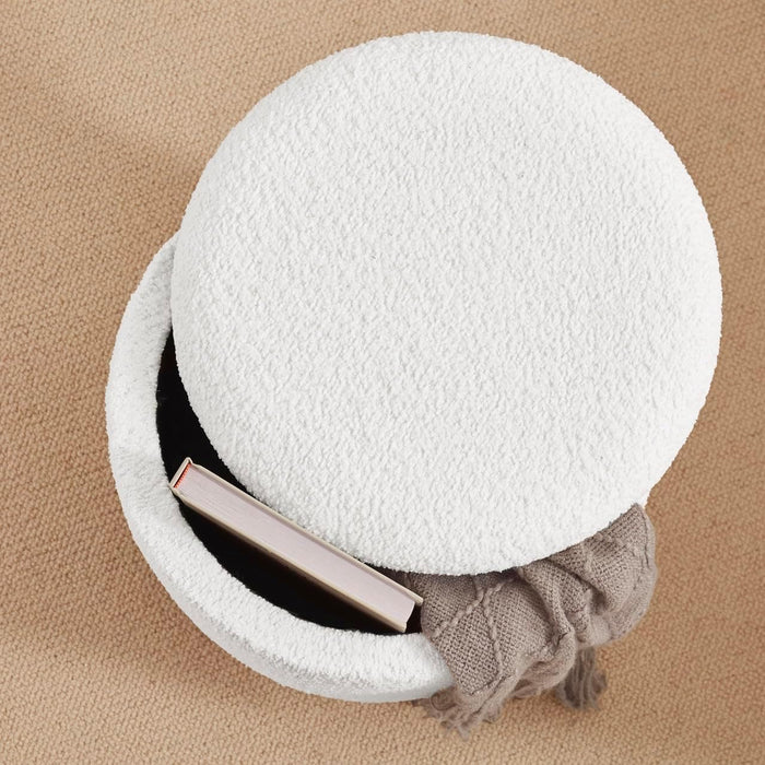 Decor round Ottoman with Storage, Boucle White Teddy round Vanity Chair Stool Ottoman Pouf with Storage for Living Room and Bedroom
