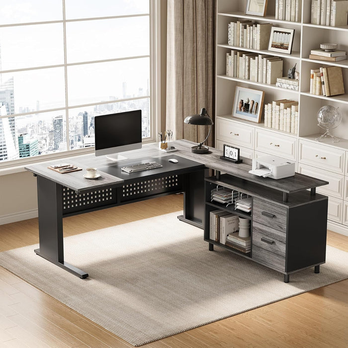 Large Computer Desk with File Cabinet, 63 Inch Executive Desk L Shaped Office Desk with Drawers and Storage Shelves, Business Furniture Desk Workstation for Home Office