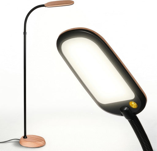 Litespan Slim LED Floor Lamp - Modern Reading Light over Chair for Living Rooms & Offices, Tall with Adjustable Gooseneck, Crafts Work Light, Dimmable Standing for Bedroom - Wood