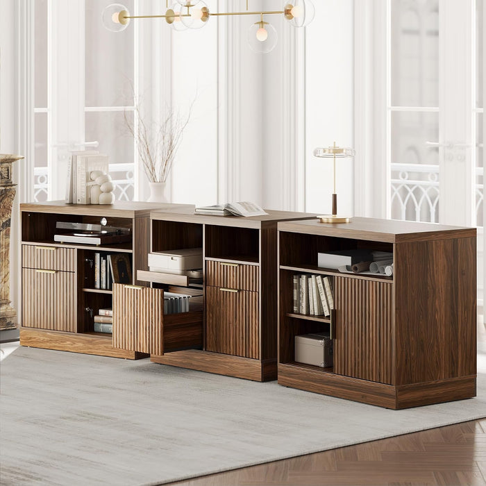 3 Drawer File Cabinet, Fluted Wood Lateral Filing Cabinet with Charging Station for Home Office, Fits for A4/Letter-Sized Files, Printer Stand with Open Storage Shelves, Black Walnut