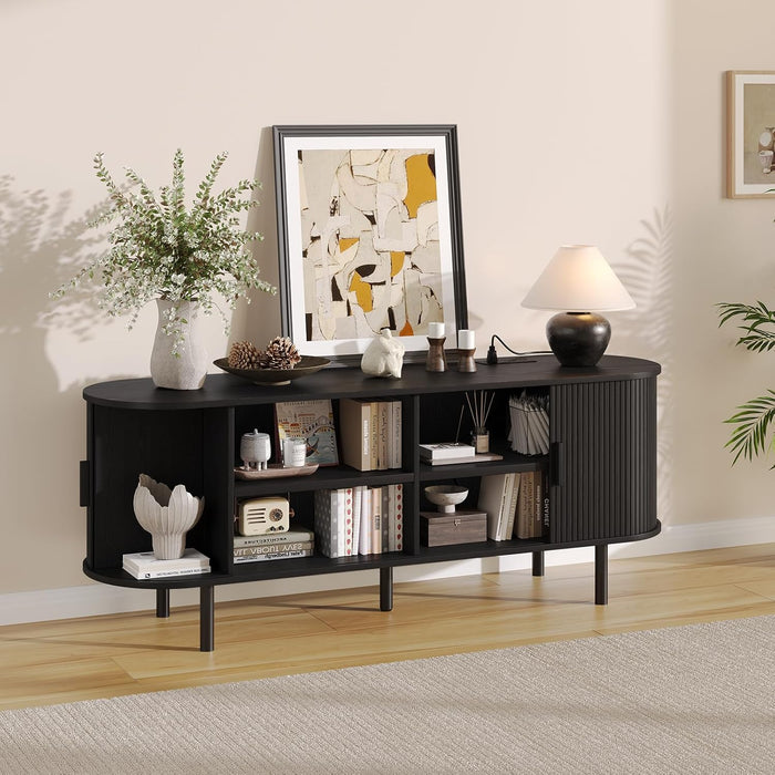 55" TV Stand with Storage for Tvs up to 60", Fluted Entertainment Center with Power Outlet, Modern Media Console with Sliding Door, Adjustable Shelves, TV Stands for Living Room, Black