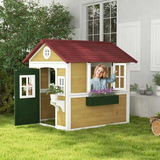 Playhouse for Kids, Wooden Playhouse with Doors, Windows, Planter Pots and Boxes for Toddlers 3-8 Years, Cottage Play House