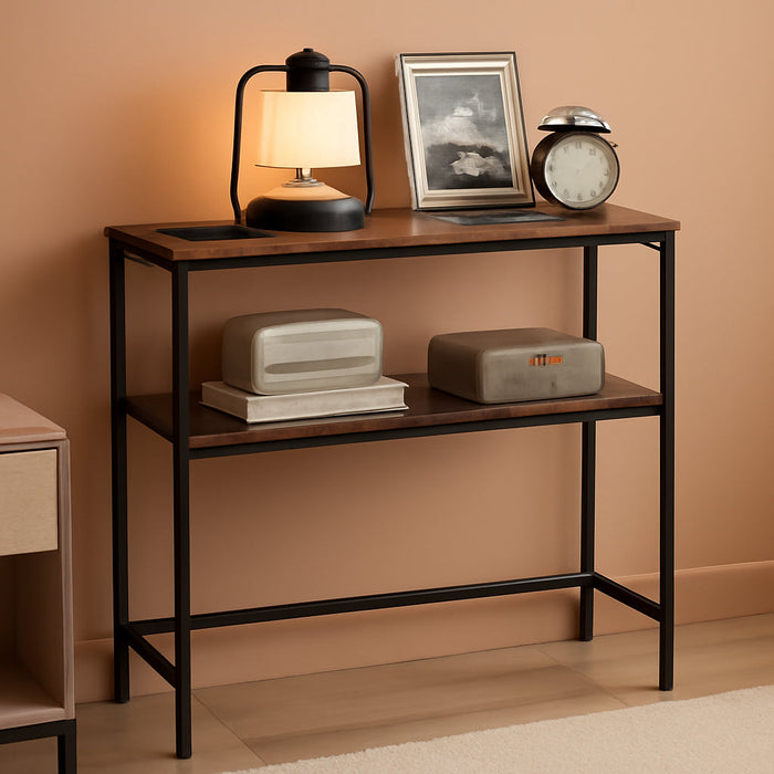 Console Table with Power Outlet, 2-Tier Narrow Sofa Table with 2 Shelves, 7.9 X 31.5 X 31.5 Inches, for Living Room, Hallway, Entryway, Rustic Brown and Ink Black ULNT135K01