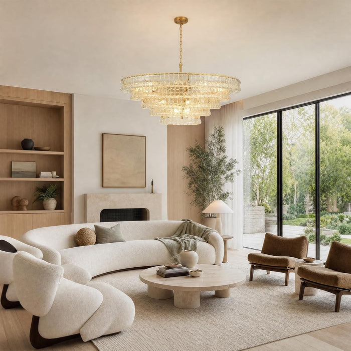48" 5-Tier Clear Ripple Glass Chandelier, 20-Light round Brass Chandelier