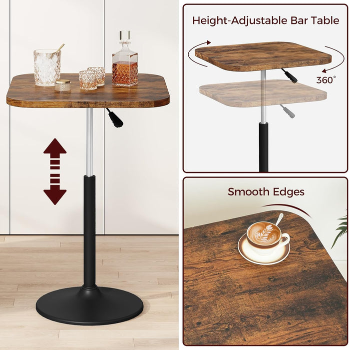 Bar Table, Height-Adjustable Pub Table 26.8-36.2 Inches, Cocktail Tables with Base, Counter Height Table for Small Space, Easy to Assemble, Rustic Brown and Black BTHR5501