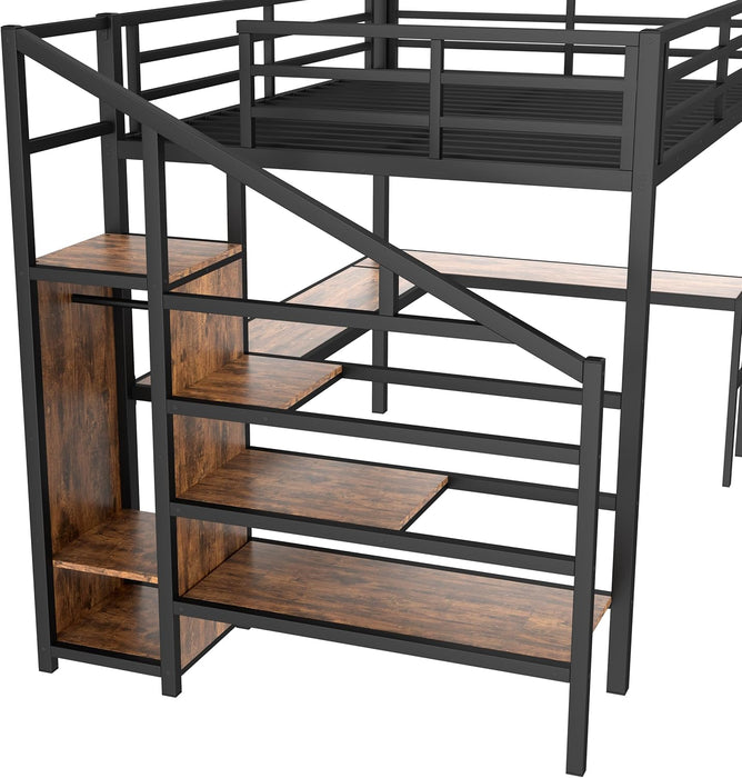 Queen Loft Bed with Desk & Wardrobe, Heavy Duty Metal Loft Beds Frame with Storage Stairs, LED Loft Bed Queen Size with Charging Station & Safety Guardrails, Dark Wood Grain