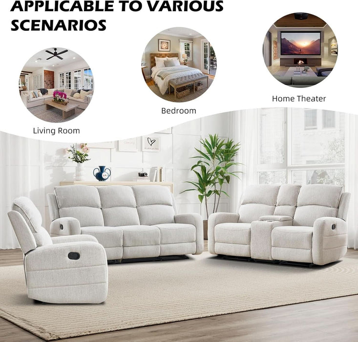 Manual Living Room Furniture Reclining Couch Set, Soft Fabric 3 Seat Sofa Recliner Sofa for Meeting Room, Overstuffed Backrest and Armrest