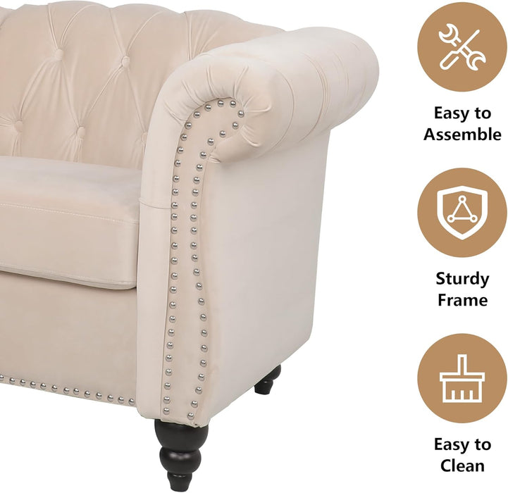 3 Piece Living Room Set, Sectional Chesterfield Sofa Chair Contemporary Upholstered Velvet Loveseat Couch Sets for Living Room, Bedroom, Office (Beige)
