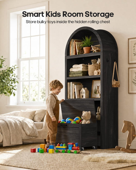 76.6" Arched Bookshelf with Rolling Storage Bench, Wood Tall Arch Bookcase | 5-Tier with Bookshelf Riser, Multi-Functional Display Cabinet, Bookshelf with Storage for Living Room, Entryway