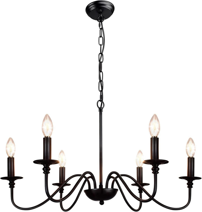Farmhouse Chandelier for Dining Room: 6-Light Black Industrial Kitchen Island Pendant Light Fixture with 6 E12 Bulbs - Rustic Candle Chandeliers Vintage Modern Hanging Ceiling Lamp for Bedroom