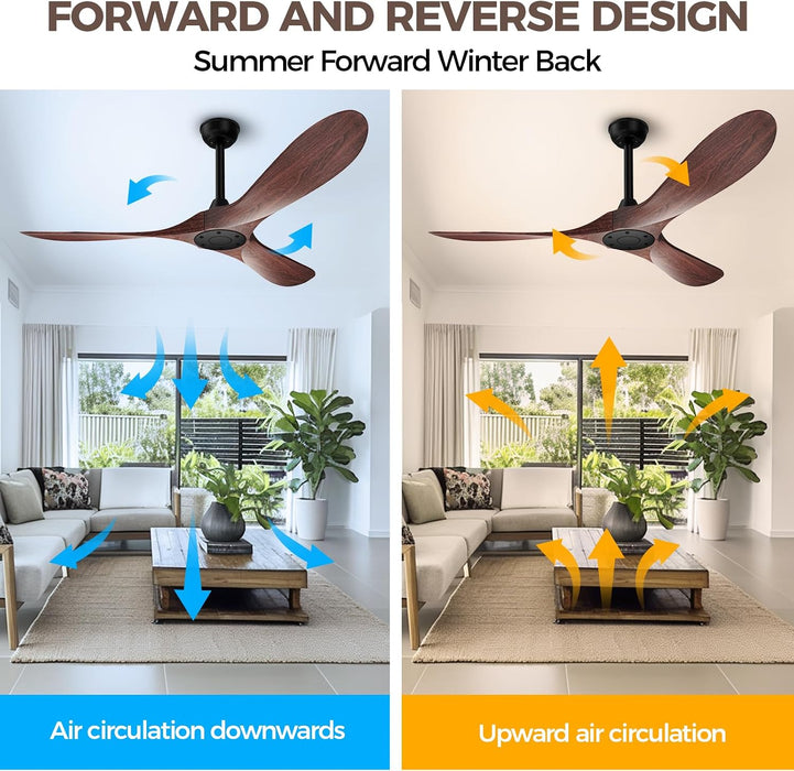 52 Inch Ceiling Fan without Lights, Walnut Finish | Outdoor Ceiling Fan with Remote, 6-Speed Adjustable Reversible DC Motor for Patio & Living Room
