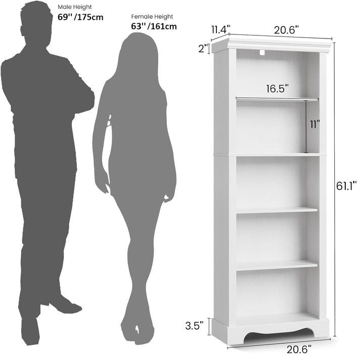 5-Tier Bookshelves and Bookcases, 61.1 Inch Tall Bookshelf with Ample Storage Space, Wooden Bookcase with Unique Design, Modern Bookshelf for Study Room, Living Room, Home Office, Bedroom (White)