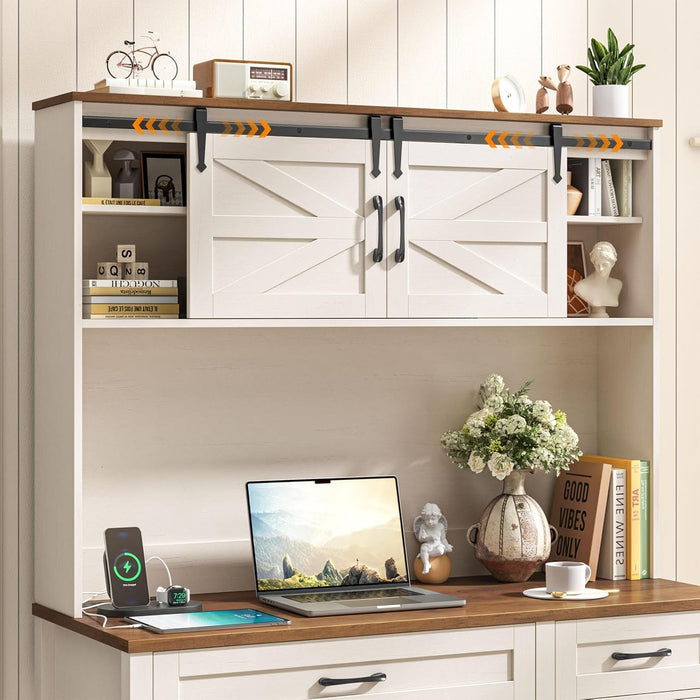 Farmhouse 67" H Executive Desk with Hutch,Computer Desk with Charging Station,Office Table with LED Light and 4 Drawers,File Drawers and Storage Cabinet,Workstation for Home Office.Unique White