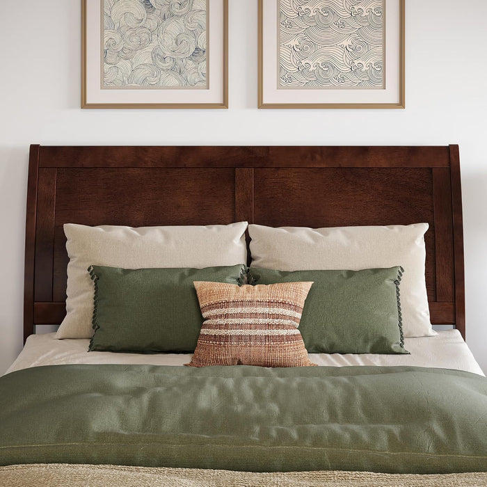 , Valencia Full Solid Wood Low Profile Sleigh Platform Bed, Walnut