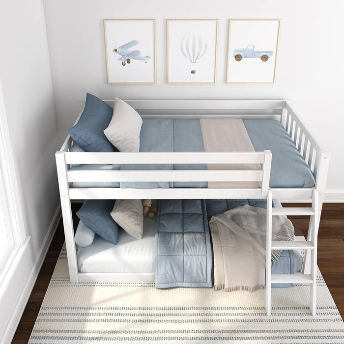 Fundamental Twin Low Bunk Bed, Kids Solid Wood Modern Bed Frame with Strong Wooden Slats, Non-Toxic Finishes, High Weight Capacity, White