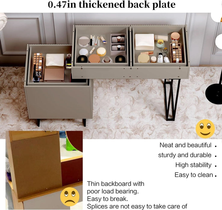 Large Vanity Desk with 3 Color Touch Screen Dimming Mirror, Vanity Desk with Charging Station, Modern Retractable Makeup Dressing Table, Makeup Table with Storage Shelves and 5 Sliding Drawers, Oak
