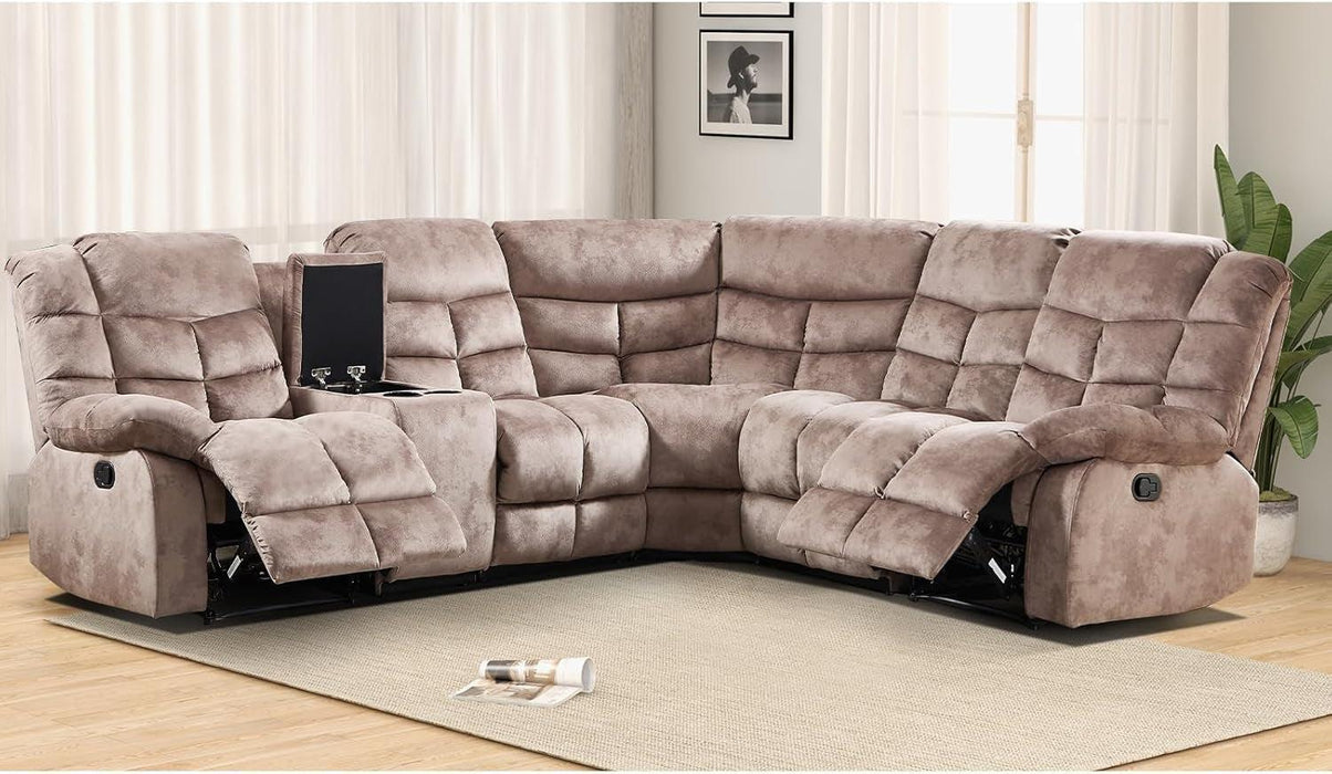 Manual Reclining Sectional Sofa Set for Living Room, Soft Fabric Recliner Corner Sectional Couch with Center Console, Cup Holder and Storage, Brown