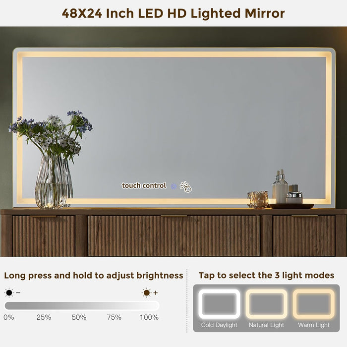 48" Fluted Makeup Vanity Desk with 48" Large Mirror and HD Lights, Modern Vanity Table with 9 Drawers & Charging Station, Glass Top and Golden Handles Dressing Table for Bedroom,Natural Oak