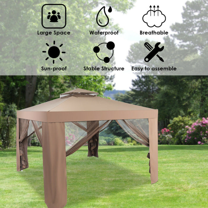 10 X 10 Feet Patio Canopy Gazebo with Neting and Double Tiered Roof